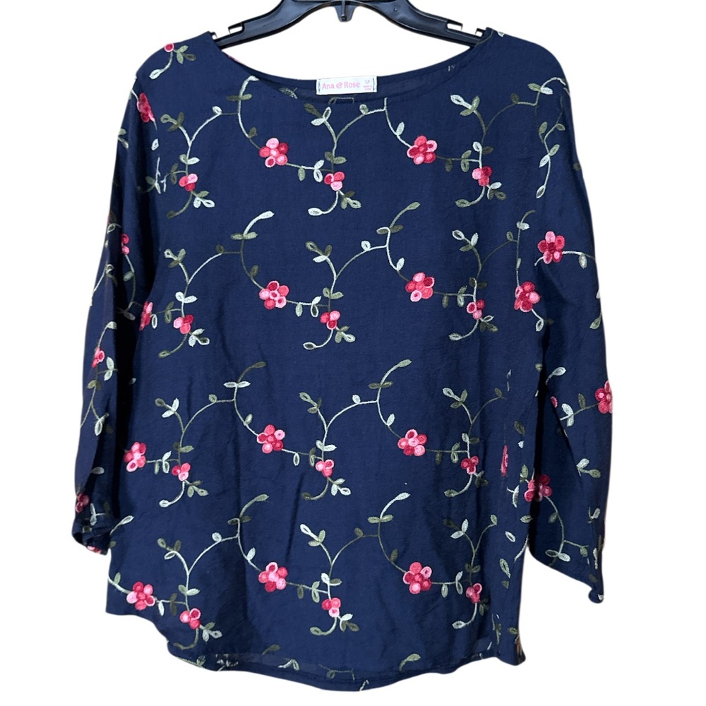 Ana & Rose Navy Floral Embroidered Beautiful Lightweight Top - Size LP